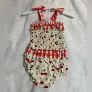 Angel Dear Cherry and Plaid Baby Romper Two Piece Set - 0-3 months - worn once